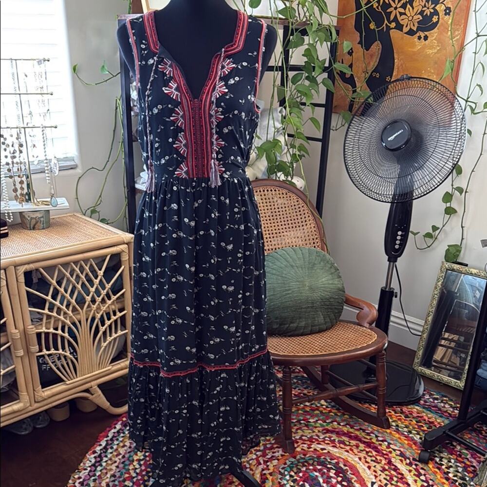 Ulla Johnson Leena Navy Floral Embroidered Boho Silk Midi Maxi Dress